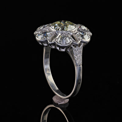 Antique Art Deco Platinum Old European Cut Diamond Floral Engagement Ring - GIA