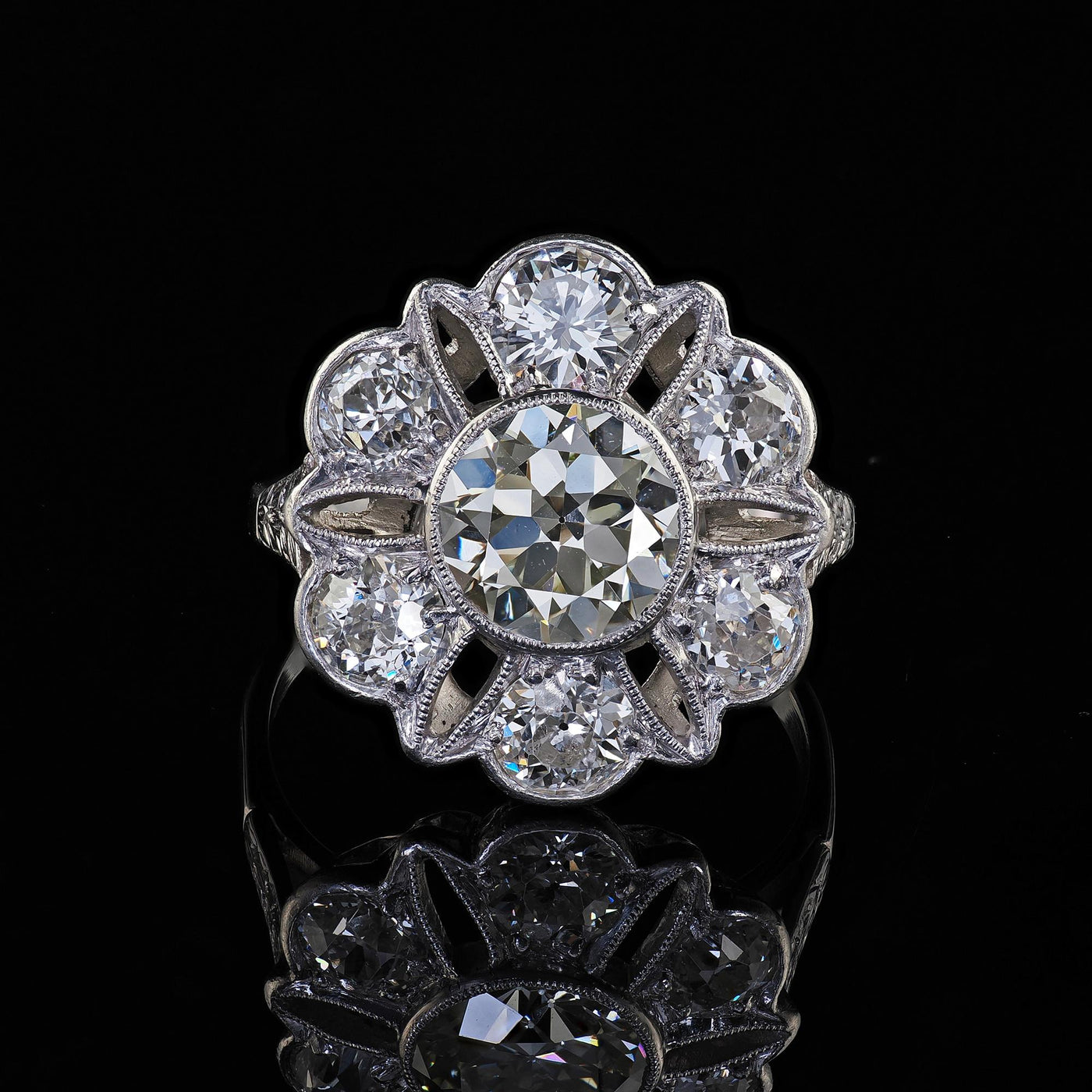 Antique Art Deco Platinum Old European Cut Diamond Floral Engagement Ring - GIA