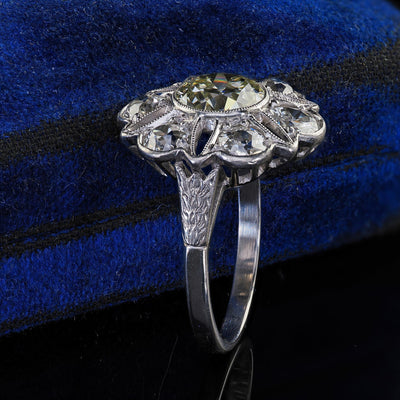 Antique Art Deco Platinum Old European Cut Diamond Floral Engagement Ring - GIA