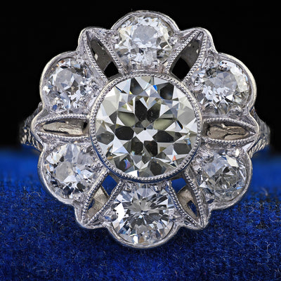 Antique Art Deco Platinum Old European Cut Diamond Floral Engagement Ring - GIA