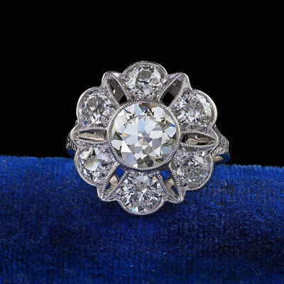 Antique Art Deco Platinum Old European Cut Diamond Floral Engagement Ring - GIA