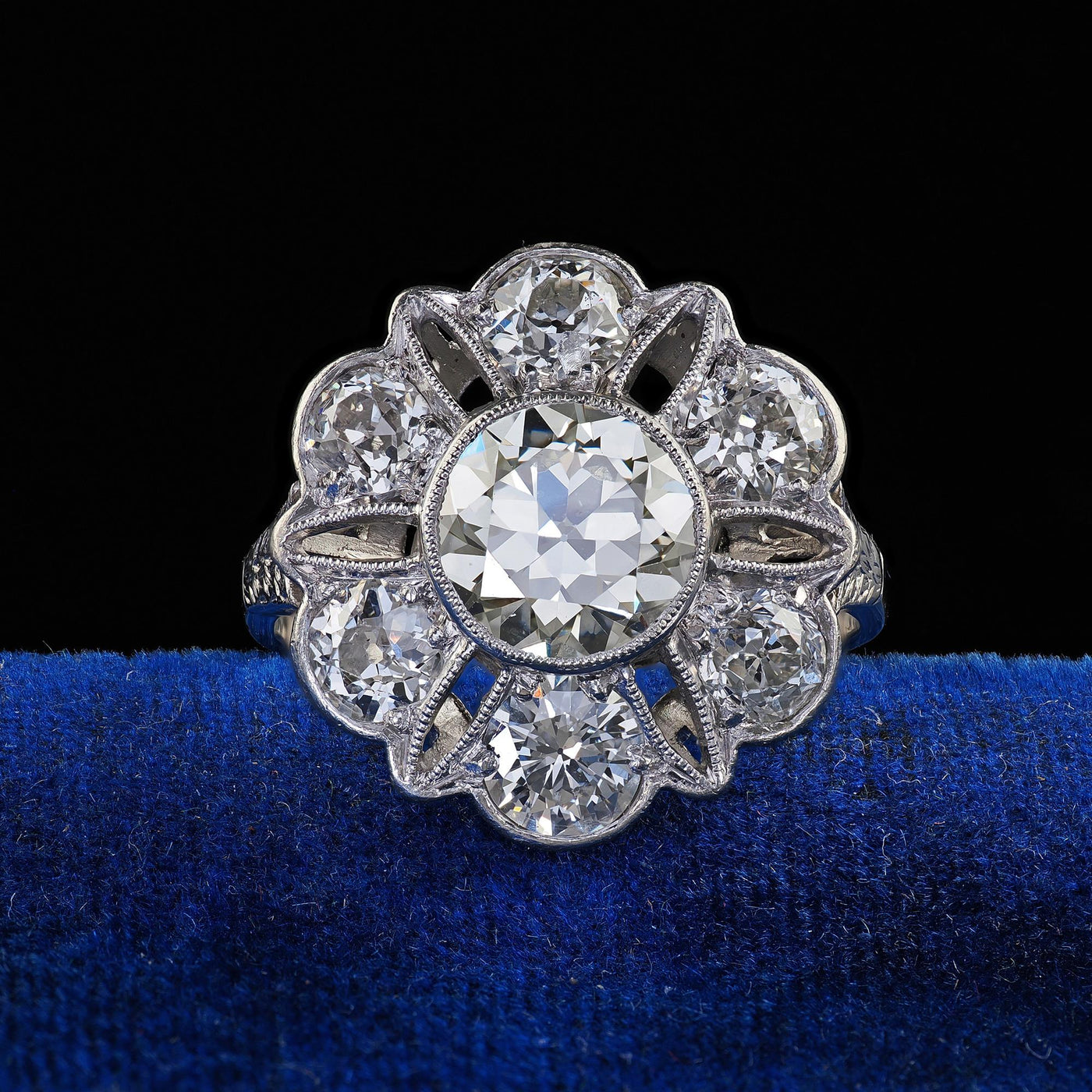 Antique Art Deco Platinum Old European Cut Diamond Floral Engagement Ring - GIA