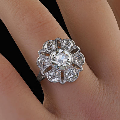 Antique Art Deco Platinum Old European Cut Diamond Floral Engagement Ring - GIA