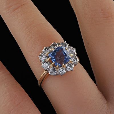 Antique Edwardian 14K Gold Platinum Sapphire and Diamond Engagement Ring - GIA