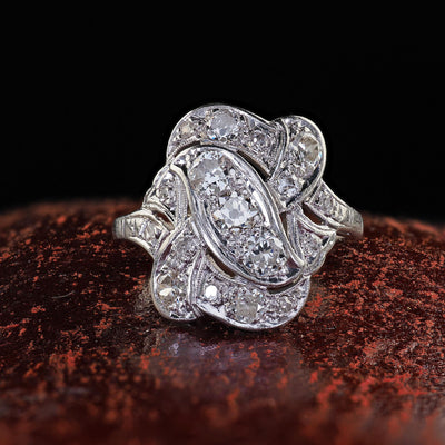 Antique Art Deco Platinum Old European Cut Diamond Cocktail Shield Ring