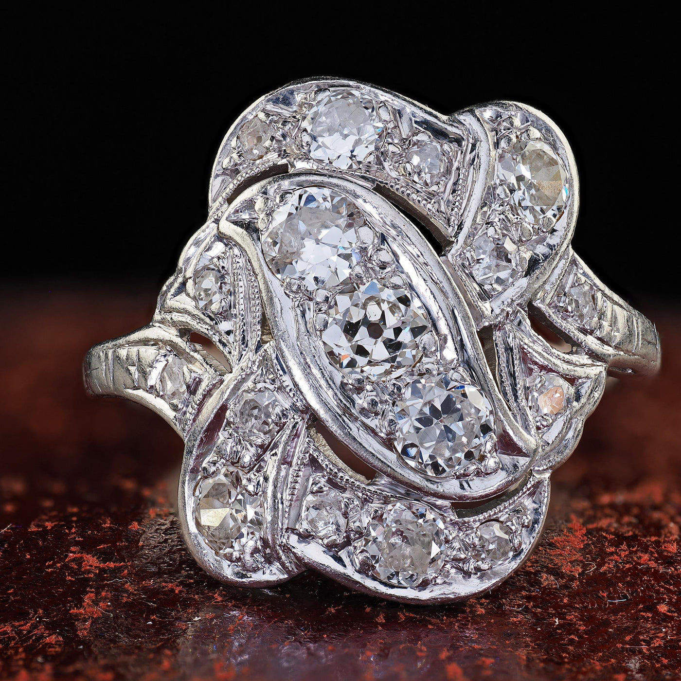 Antique Art Deco Platinum Old European Cut Diamond Cocktail Shield Ring