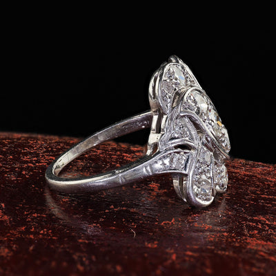 Antique Art Deco Platinum Old European Cut Diamond Cocktail Shield Ring