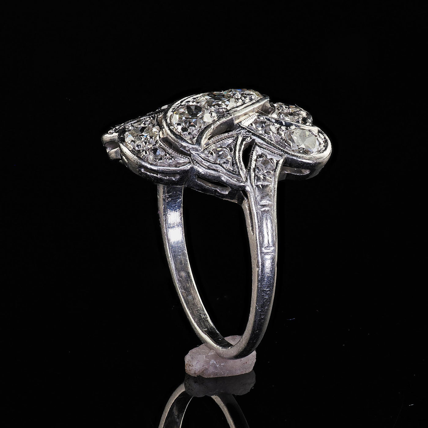 Antique Art Deco Platinum Old European Cut Diamond Cocktail Shield Ring