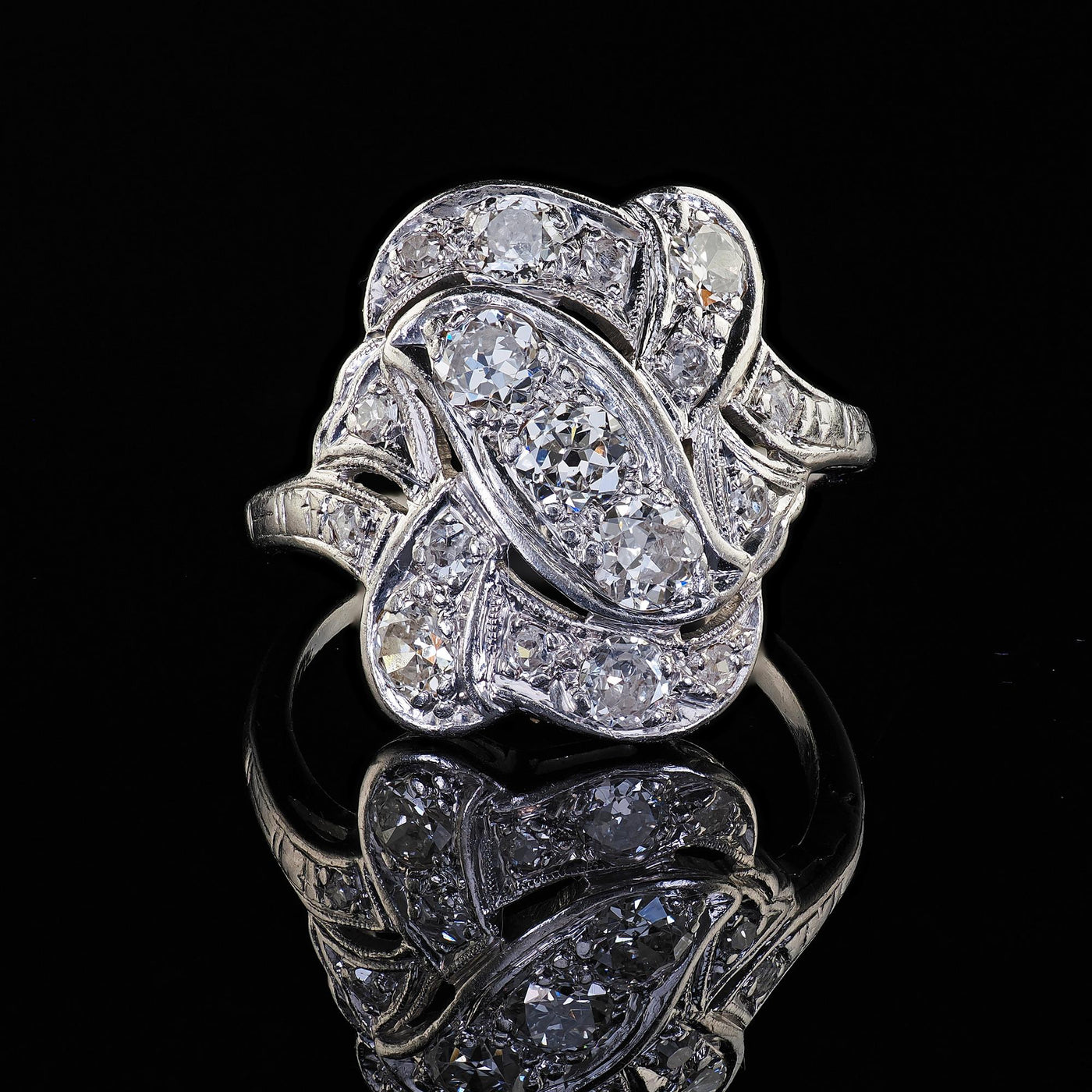 Antique Art Deco Platinum Old European Cut Diamond Cocktail Shield Ring