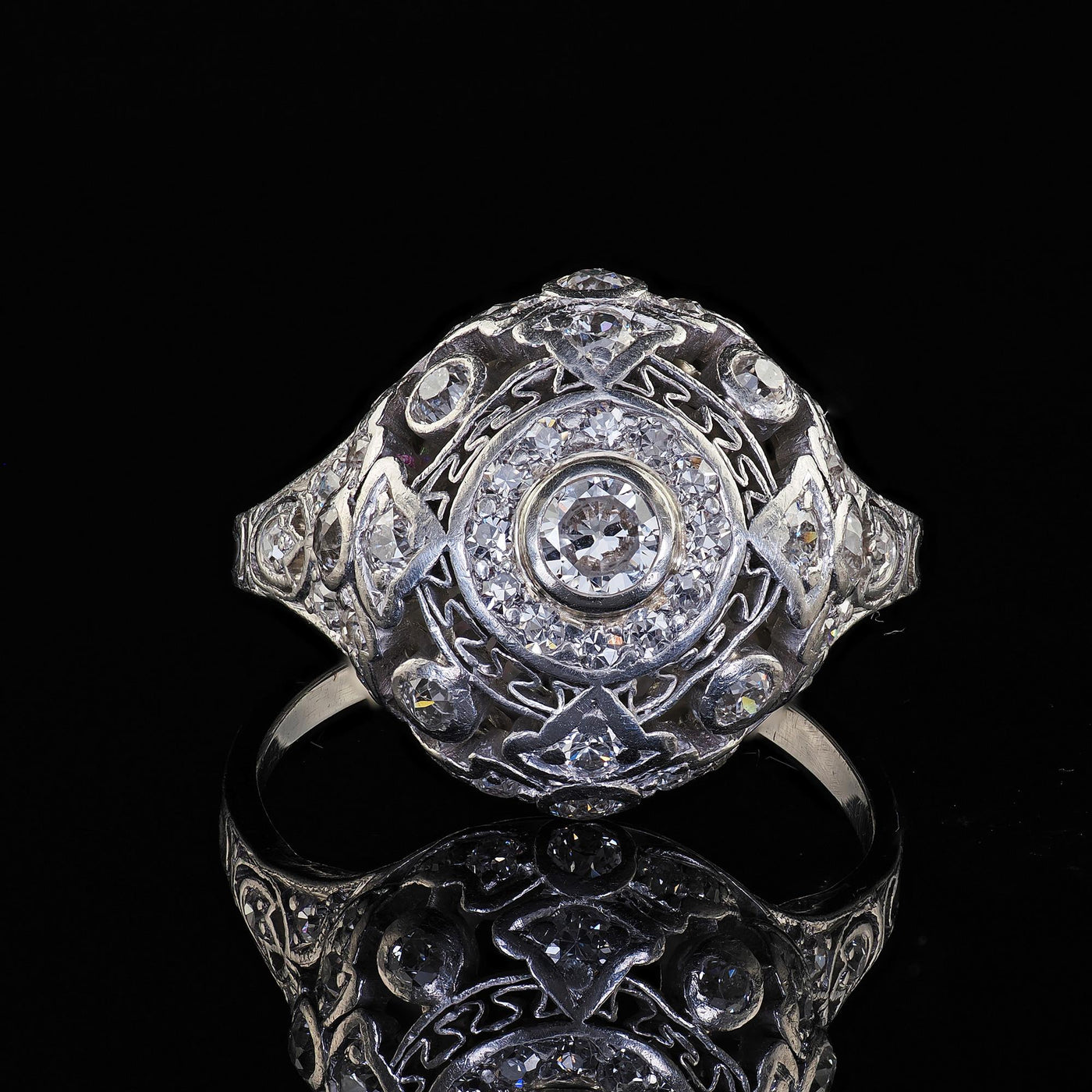 Antique Edwardian Platinum Old Cut Diamond Filigree Dome Cocktail Ring