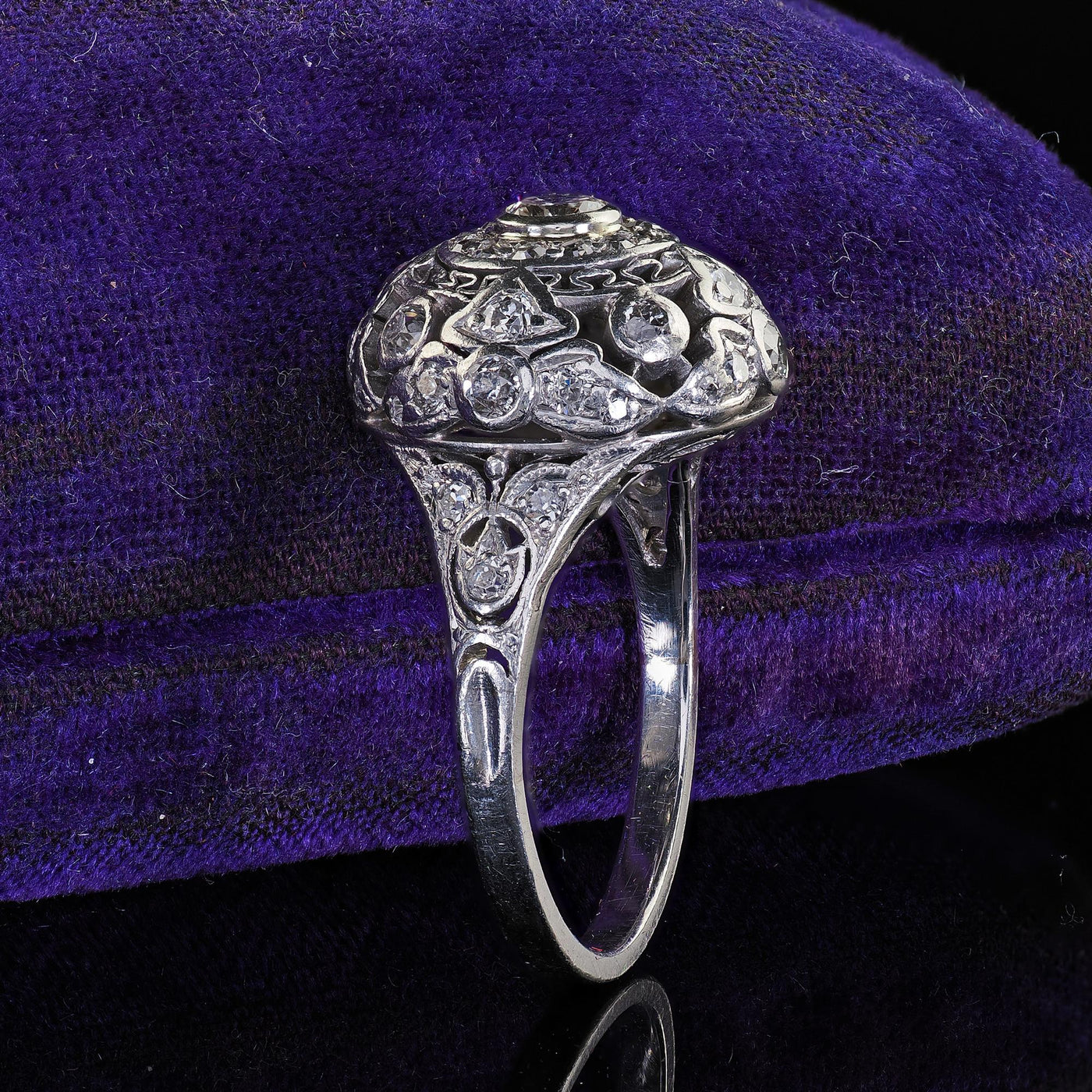 Antique Edwardian Platinum Old Cut Diamond Filigree Dome Cocktail Ring