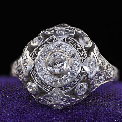 Antique Edwardian Platinum Old Cut Diamond Filigree Dome Cocktail Ring