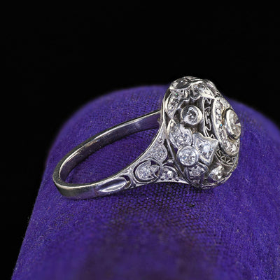 Antique Edwardian Platinum Old Cut Diamond Filigree Dome Cocktail Ring