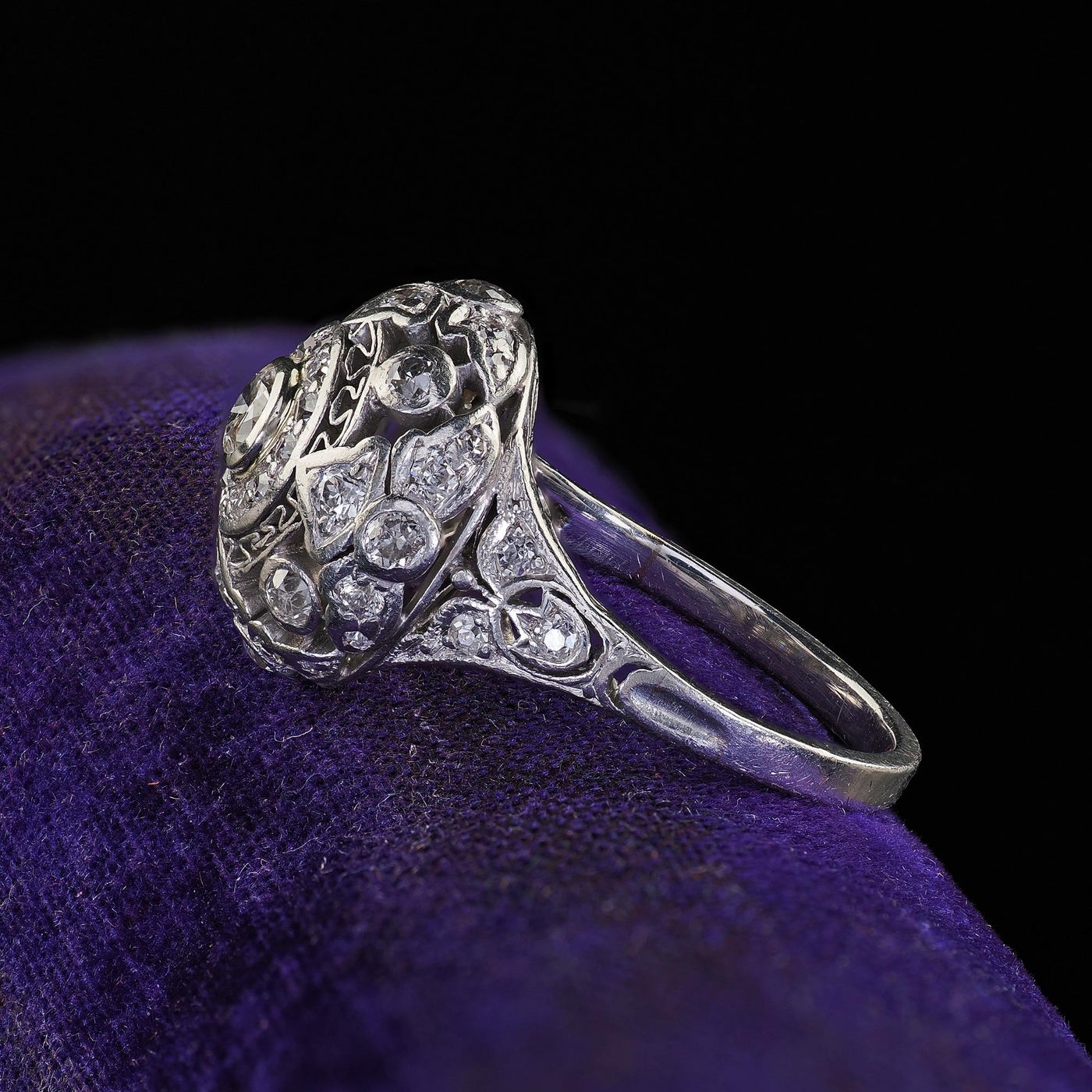 Antique Edwardian Platinum Old Cut Diamond Filigree Dome Cocktail Ring