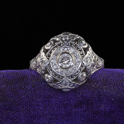 Antique Edwardian Platinum Old Cut Diamond Filigree Dome Cocktail Ring