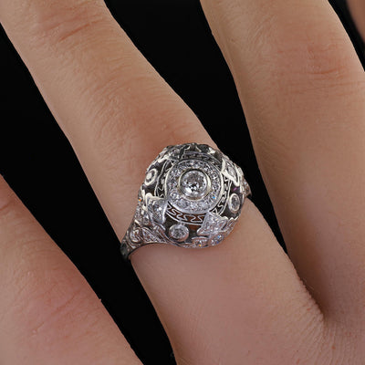 Antique Edwardian Platinum Old Cut Diamond Filigree Dome Cocktail Ring