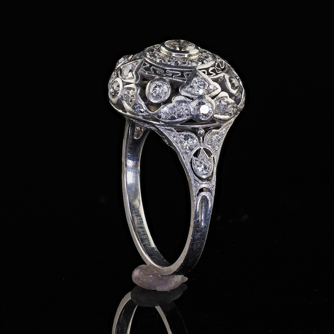 Antique Edwardian Platinum Old Cut Diamond Filigree Dome Cocktail Ring