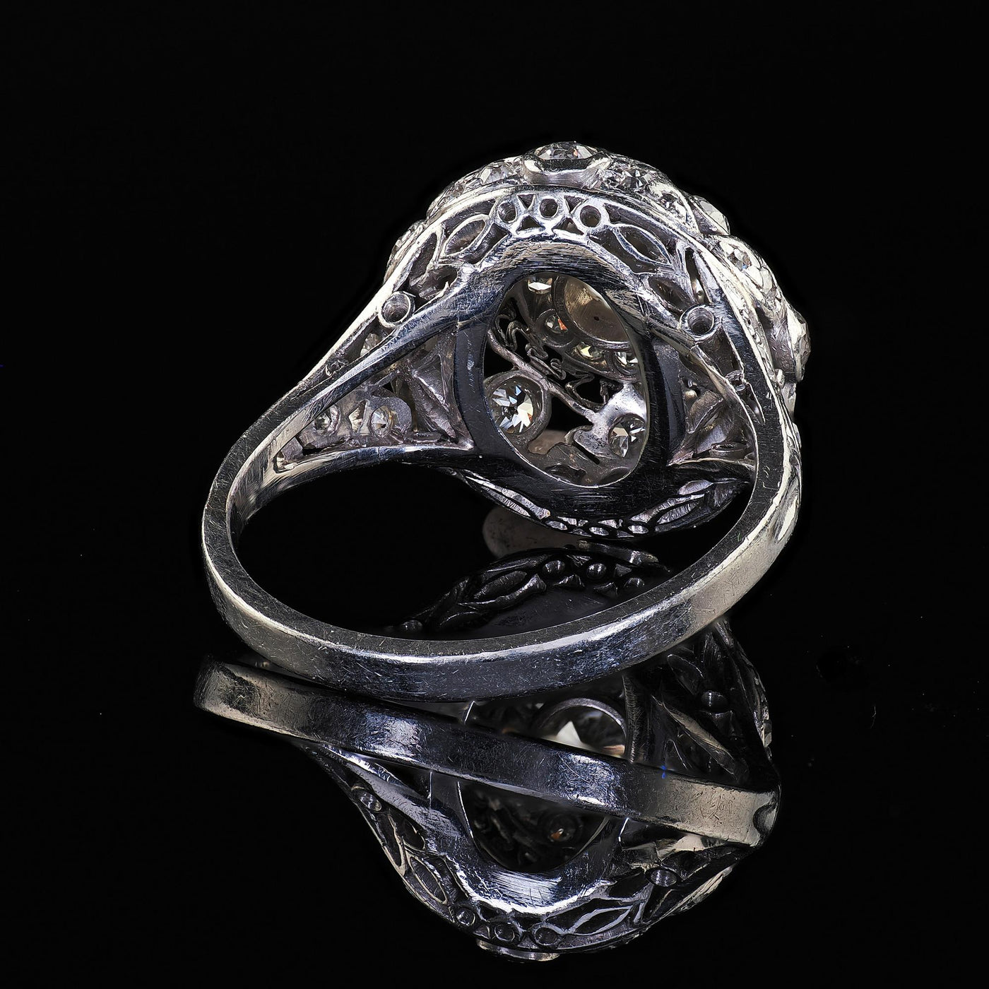 Antique Edwardian Platinum Old Cut Diamond Filigree Dome Cocktail Ring