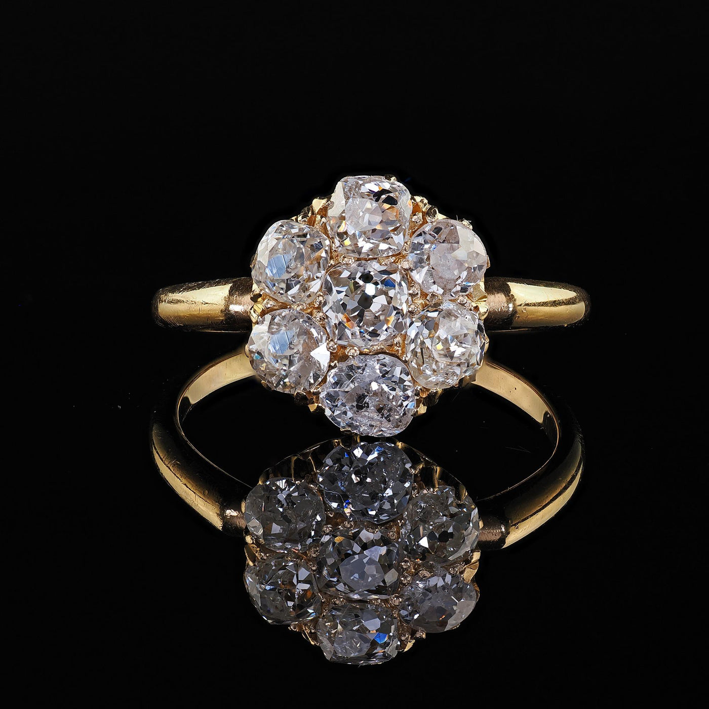 Antique English Art Deco 18K Yellow Gold Old Mine Diamond Cluster Ring