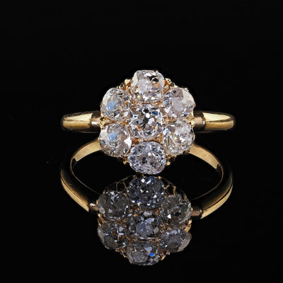 Antique English Art Deco 18K Yellow Gold Old Mine Diamond Cluster Ring