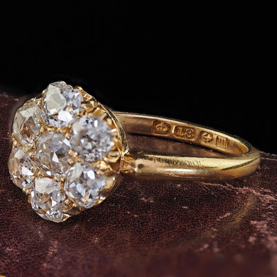 Antique English Art Deco 18K Yellow Gold Old Mine Diamond Cluster Ring