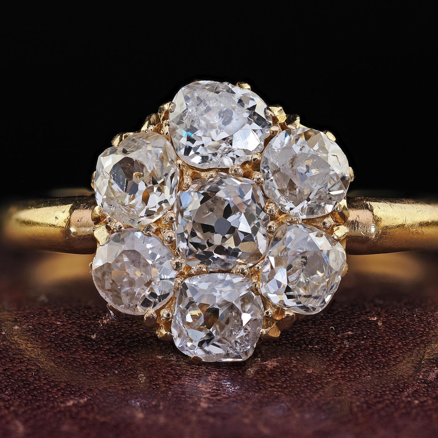 Antique English Art Deco 18K Yellow Gold Old Mine Diamond Cluster Ring