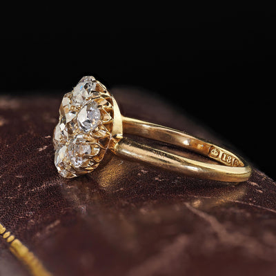 Antique English Art Deco 18K Yellow Gold Old Mine Diamond Cluster Ring