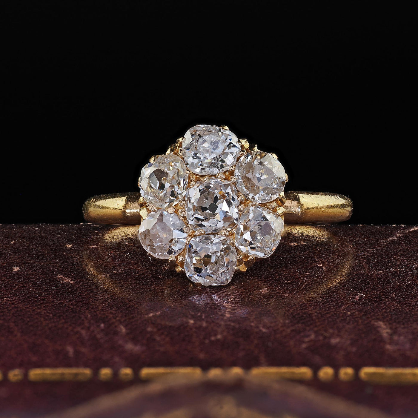 Antique English Art Deco 18K Yellow Gold Old Mine Diamond Cluster Ring