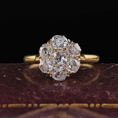 Antique English Art Deco 18K Yellow Gold Old Mine Diamond Cluster Ring