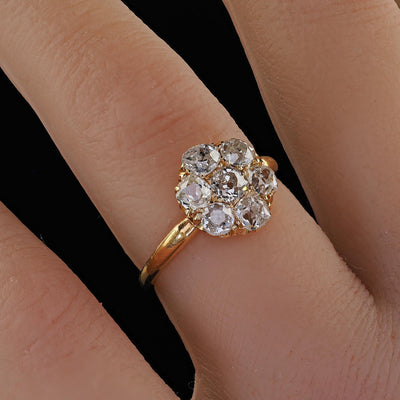 Antique English Art Deco 18K Yellow Gold Old Mine Diamond Cluster Ring