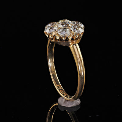 Antique English Art Deco 18K Yellow Gold Old Mine Diamond Cluster Ring