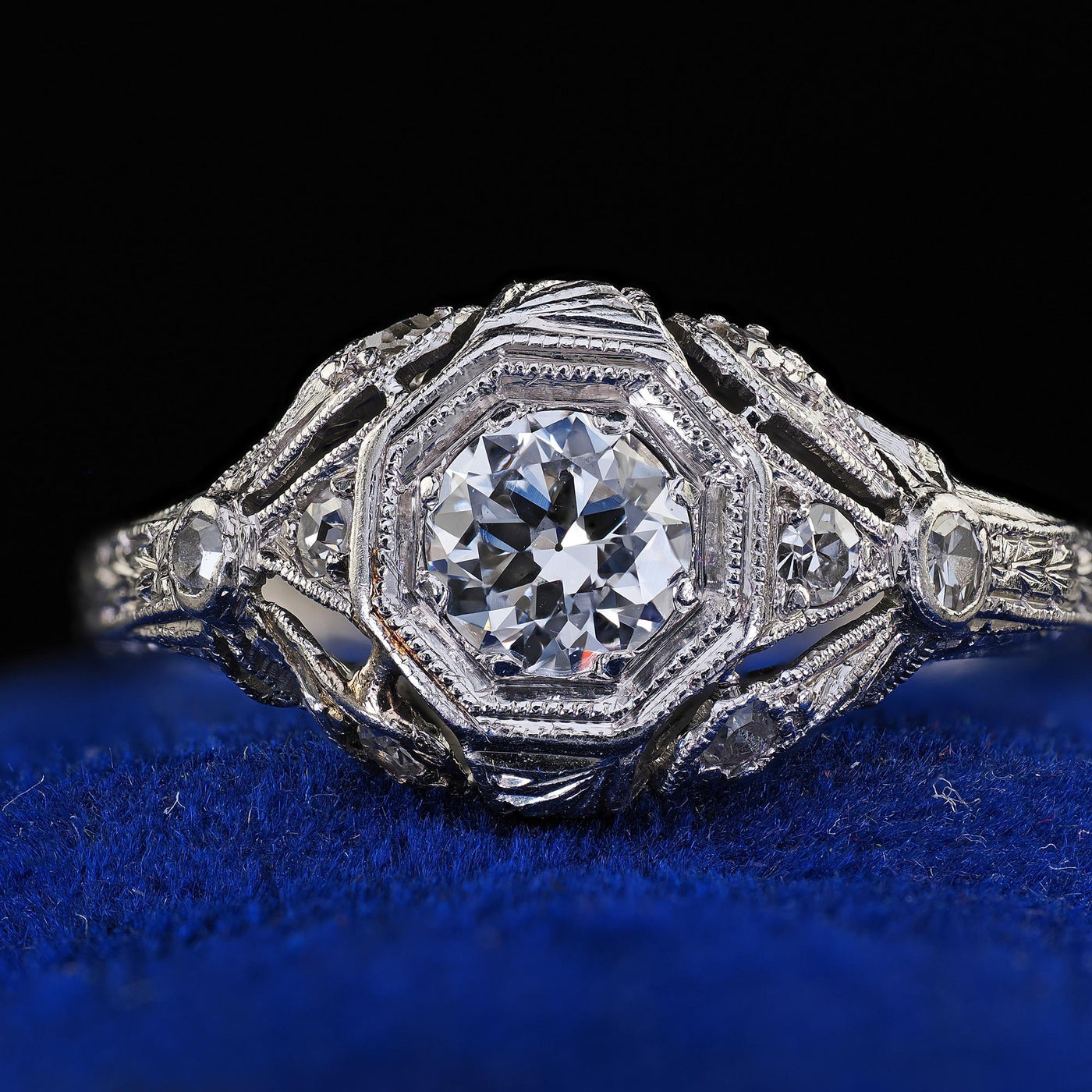 Antique Edwardian Platinum Old European Cut Diamond Filigree Engagement Ring