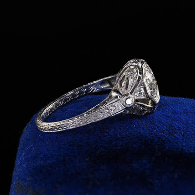 Antique Edwardian Platinum Old European Cut Diamond Filigree Engagement Ring