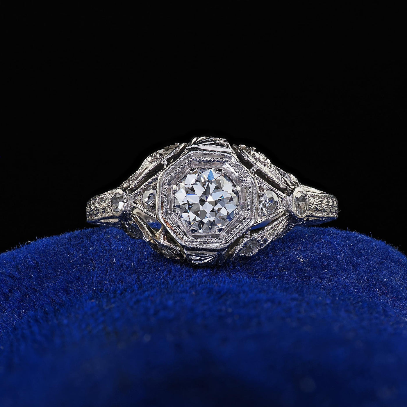 Antique Edwardian Platinum Old European Cut Diamond Filigree Engagement Ring