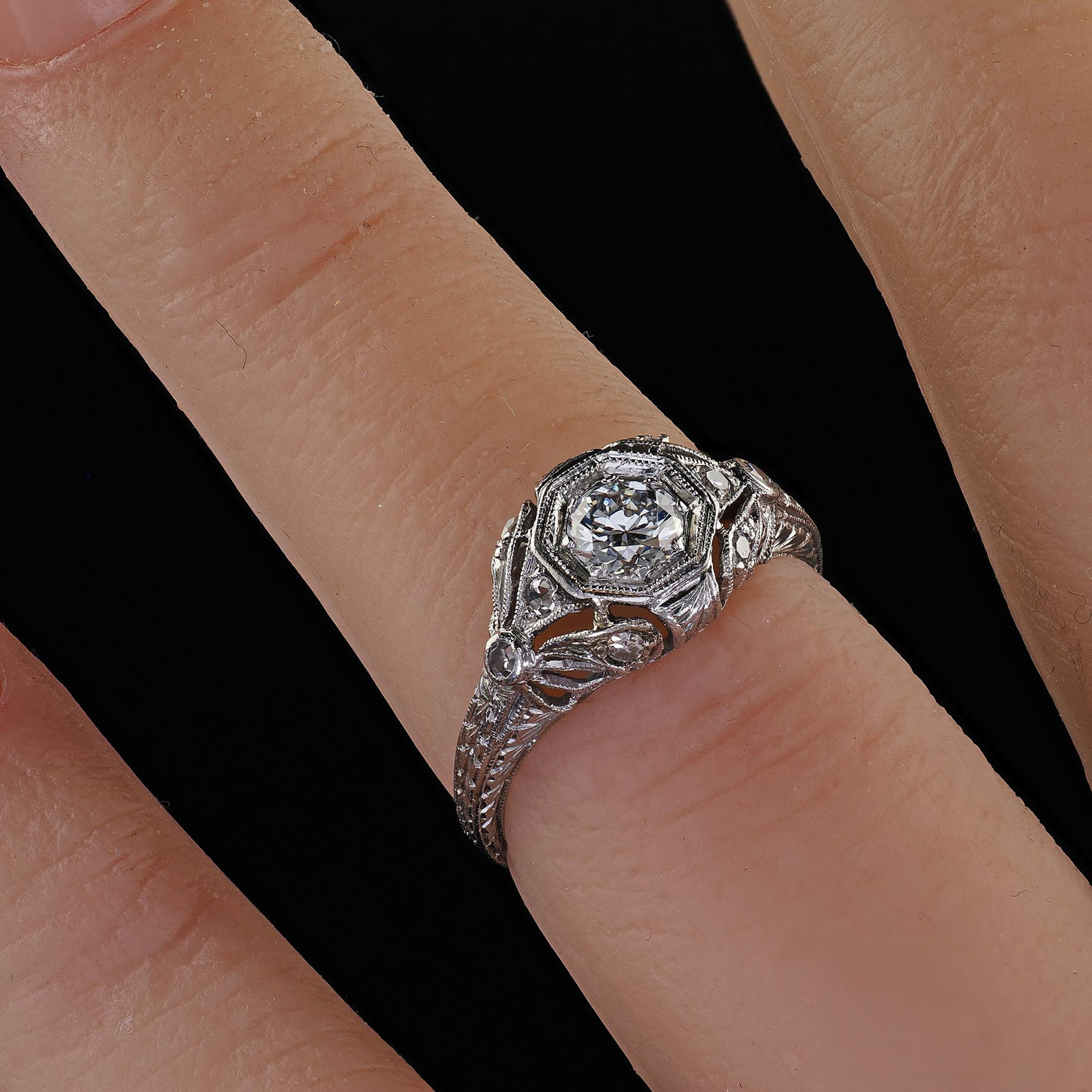 Antique Edwardian Platinum Old European Cut Diamond Filigree Engagement Ring