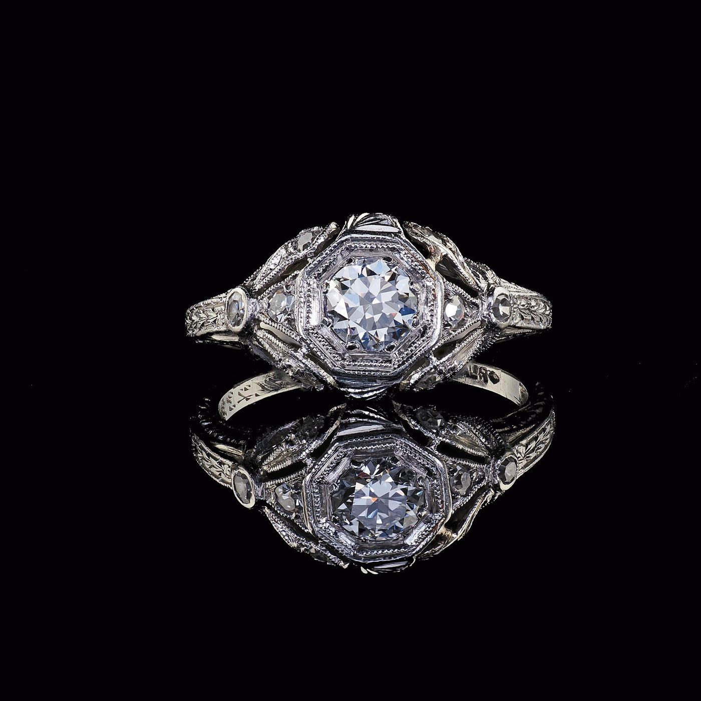 Antique Edwardian Platinum Old European Cut Diamond Filigree Engagement Ring