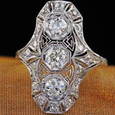 Antique Art Deco 14K White Gold Platinum Old Euro Diamond Filigree Shield Ring