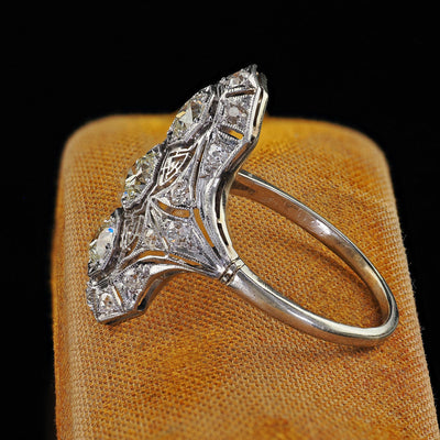 Antique Art Deco 14K White Gold Platinum Old Euro Diamond Filigree Shield Ring