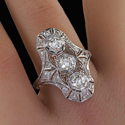 Antique Art Deco 14K White Gold Platinum Old Euro Diamond Filigree Shield Ring