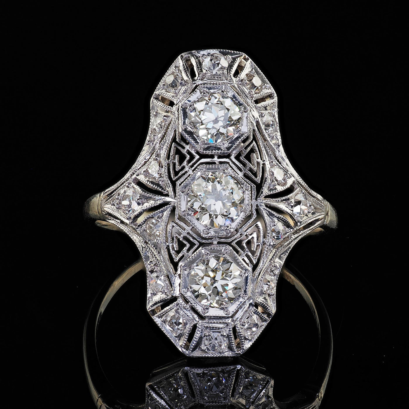 Antique Art Deco 14K White Gold Platinum Old Euro Diamond Filigree Shield Ring