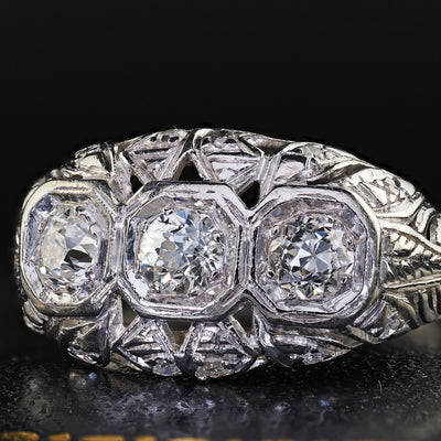 Antique Art Deco Platinum Old European Cut Diamond Three Stone Filigree Ring