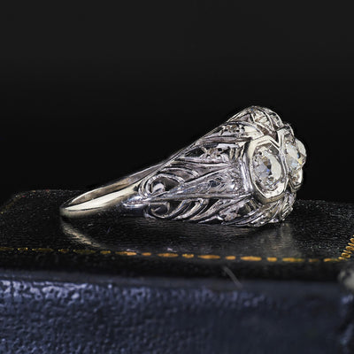 Antique Art Deco Platinum Old European Cut Diamond Three Stone Filigree Ring