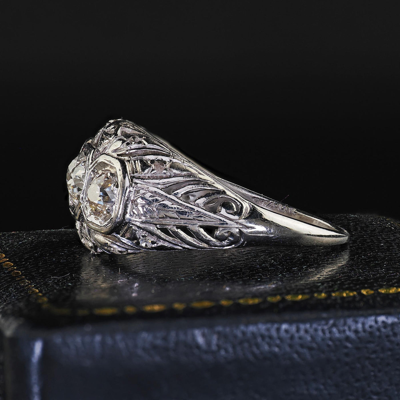 Antique Art Deco Platinum Old European Cut Diamond Three Stone Filigree Ring