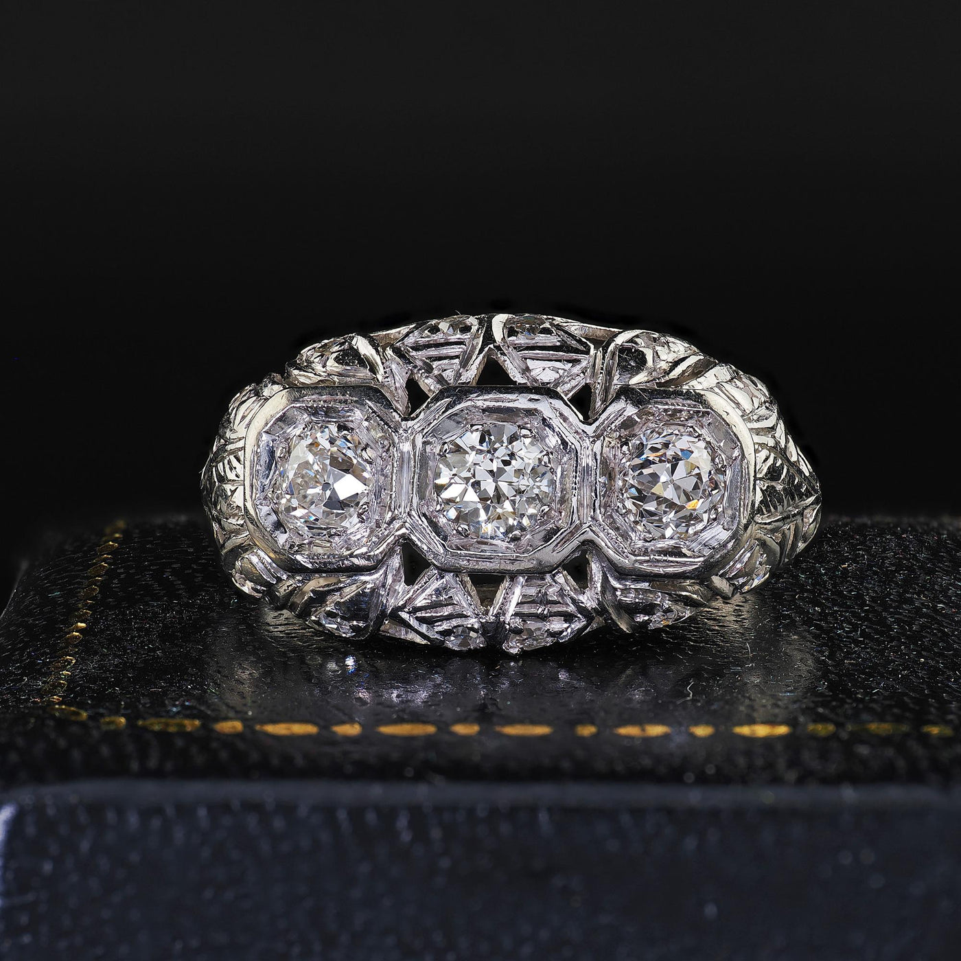 Antique Art Deco Platinum Old European Cut Diamond Three Stone Filigree Ring