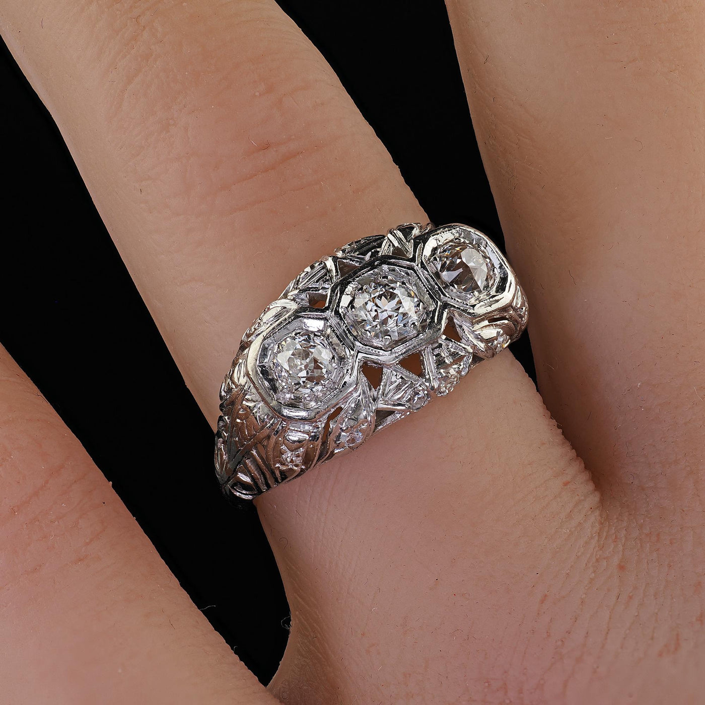 Antique Art Deco Platinum Old European Cut Diamond Three Stone Filigree Ring