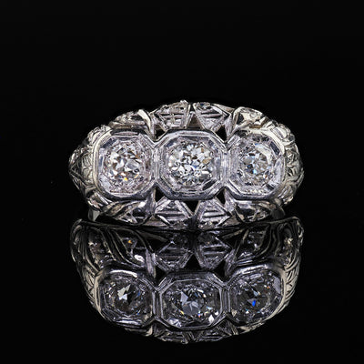 Antique Art Deco Platinum Old European Cut Diamond Three Stone Filigree Ring