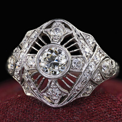 Antique Edwardian Platinum Old Euro Diamond Filigree Engagement Ring