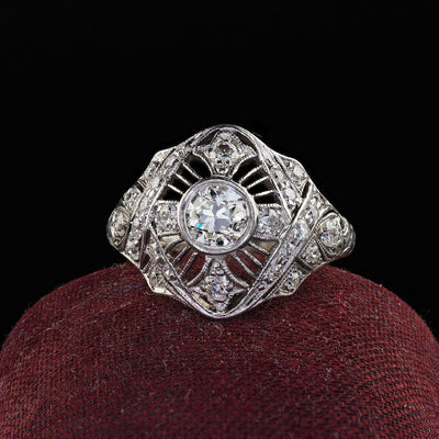 Antique Edwardian Platinum Old Euro Diamond Filigree Engagement Ring