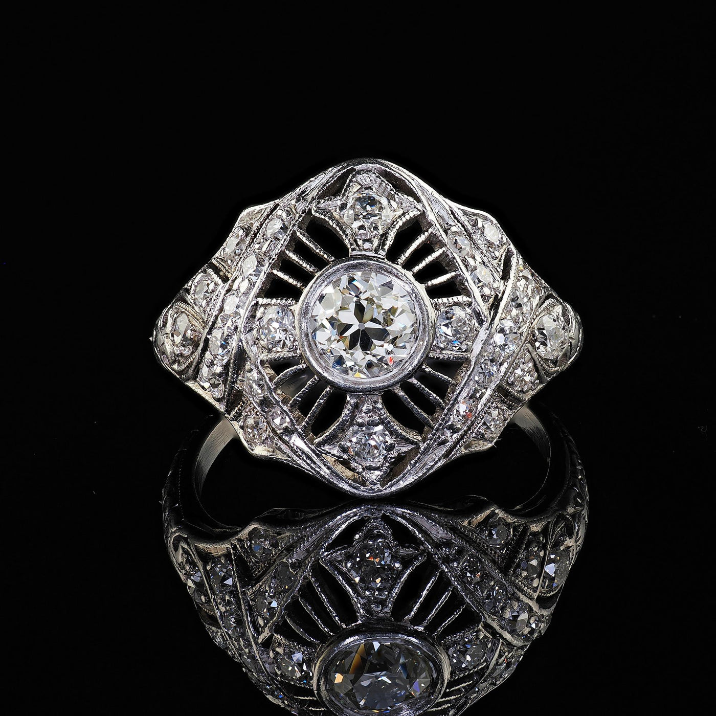 Antique Edwardian Platinum Old Euro Diamond Filigree Engagement Ring