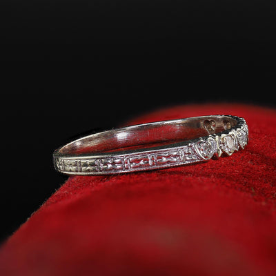 Antique Art Deco 18K White Gold Heart Motif Single Cut Diamond Wedding Band Ring